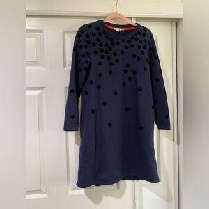 BODEN Cotton Flocked Knit Navy Blue Velvet Polka Dot Long Sleeve Dress Size 8
